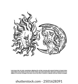 Vintage retro sketch art boho sun and moon mystical vector art illustration