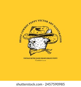 Vintage retro sketch art cute cowboy dog with cowboy hat and mask vector illustration isolated on yellow background