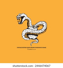 Vintage retro sketch art poison snake with apple isolated on yellow background svg