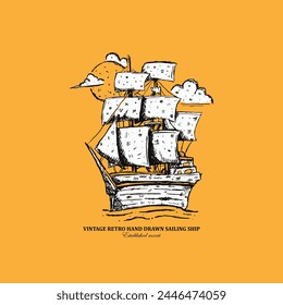 Vintage retro sketch art sailing ship vector art illustration isolated on yellow background