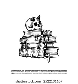 Vintage retro sketch art stack of books with skull in it vector illustration