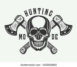 Vintage retro skull with axes. Woodcut style. Graphic Art. Vector Illustration. 
