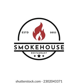 Vintage retro smoke house, grill, rustic, logo design template inspiration