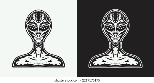 Vintage retro space alien ufo. Can be used for logo, badge, label. mark, poster or print. Monochrome Graphic Art. Vector Illustration. Woodcut lincut old stylization.	
