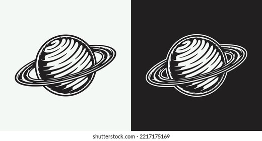 Vintage retro planeta galaxia espacial. Se puede usar para logotipo, insignia, etiqueta. marca, afiche o impresión. Ilustración de vectores de arte gráfico monocromo. Estilo antiguo de corte de madera.	
