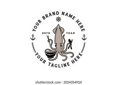 Vintage Retro Squid Cuttlefish with Bowl Chopsticks  Spoone and Fork for Seafood Restaurant Logo Design Vector