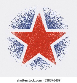 Vintage retro star on a blue circle. Grunge texture, stipple effect. Vector illustration