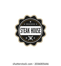 Vintage Retro Steak House Logo Design. With crossed cleavers or knives, and beef or meat icons. Premium and luxury label or sticker