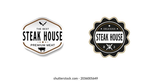 Vintage Retro Steak House Logo Design. With crossed cleavers or knives, cow, and beef or meat icons. Premium and luxury label or sticker