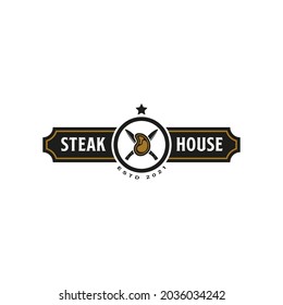 Vintage Retro Steak House Logo Design. With crossed cleavers or knives, and beef or meat icons. Premium and luxury label or sticker