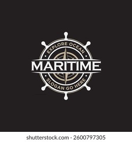 vintage retro steering wheel with compas for Maritime nautical windrose logo design	