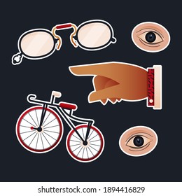 Vintage Retro Sticker Pack. Modern Flat Vector Concept Illustrations. Old-Fashioned Glasses, Eye, Pointing Finger, Bicycle. Social Media Ads.