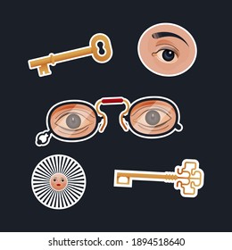 Vintage Retro Sticker Pack. Modern Flat Vector Concept Illustrations. Old-Fashioned Keys, Eye, Glasses with Eyes, Sun with Human Face. Social Media Ads.