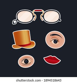 Vintage Retro Sticker Pack. Modern Flat Vector Concept Illustrations. Old-Fashioned Glasses, Eyes Kinds, Hat, Red Lips. Social Media Ads.