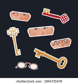 Vintage Retro Sticker Pack. Modern Flat Vector Concept Illustrations. Old-Fashioned Keys Kinds, Parts of Faces and Glasses. Social Media Ads.