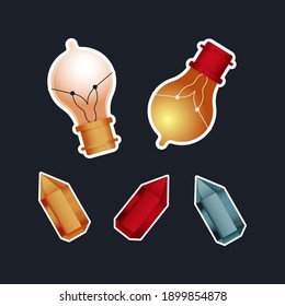 Vintage Retro Sticker Pack. Modern Flat Vector Concept Illustrations. Old-Fashioned Light Bulb, Color Kinds of Stone. Social Media Ads.