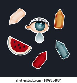 Vintage Retro Sticker Pack. Modern Flat Vector Concept Illustrations. Old-Fashioned Color Kinds of Stone, Eye with Tear, Watermelon Slice. Social Media Ads.