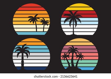 vintage retro striped sunset graphics. Flat vector icon for design works. Icon with a tropical island, 