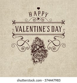 Vintage retro style beige and brown color scheme Happy Valentine's day on grange background with flowers