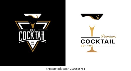 Vintage Retro Style for Cocktail Glass Logo Design. With gold color on black background. Premium and Luxury Logo Template