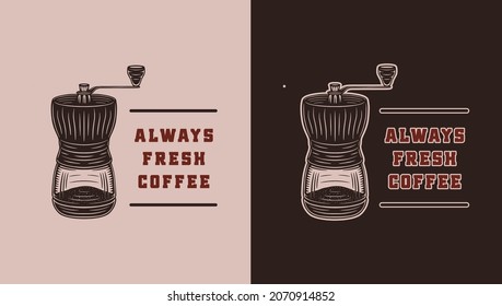 Vintage retro style coffee emblems, logos, badges. Can be used like poster or print. Monochrome Graphic Art. Vector Illustration. Detailed woodcut style design.