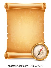 Vintage or retro style compass and ancient paper scroll. Concept of travel and adventure. Vector illustration. Isolated on white background.