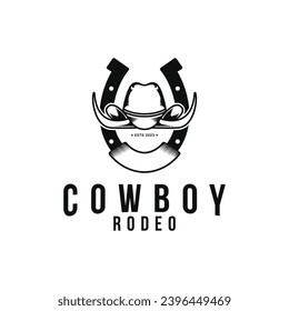 Vintage retro style cowboy hat rodeo logo design with horseshoe