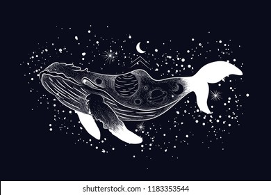 vintage retro vintage style engraving. seascape with the body of the whale. sketch for print on clothes, vector. phases of the moon