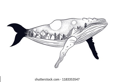 vintage retro vintage style engraving. seascape with the body of the whale. sketch for print on clothes, vector. phases of the moon