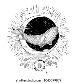 vintage retro vintage style engraving. the skeleton of a dead whale. phase of the moon. sketch for printing on fabric and clothing. trend vector