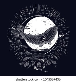 vintage retro vintage style engraving. the skeleton of a dead whale. phase of the moon. sketch for printing on fabric and clothing. trend vector