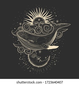 Vintage vintage retro style engraving. sun, moon, sky, stars, whale and space. tarot cards