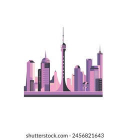 Vintage and retro style futuristic skyline metropolis. 70s, 80s style purple image of abstract city panorama