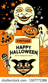 A vintage and retro style halloween party invitation background with  classic signs and symbols including ghosts, pumpkins and a black cat. Vector illustration.