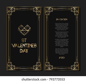 Vintage retro style invitation for Valentines Day in Art Deco. Art deco border and frame. Vector illustration. EPS 10