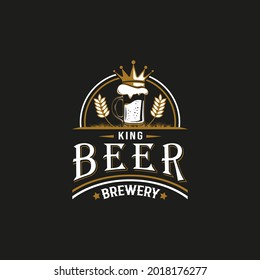 Vintage Retro Style for King Beer House or Brewery Logo. With Crown beer glass icon. Premium and Luxury Logo Template