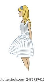 Vintage retro style middle century woman model dressing an elegant white dress with light blue lines. Figurine hand drawn style colorful vector illustration on white background.