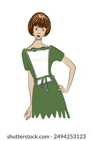 Vintage retro style middle century woman model dressing an elegant green and white dress. Figurine hand drawn style colorful vector illustration on white background.