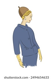 Vintage retro style middle century woman model dressing an elegant dark blue suit, hat and gloves. Figurine hand drawn style colorful vector illustration on white background.