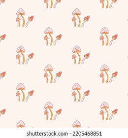 Vintage retro style pattern. Textile design with happy mushrooms. Decorative fabric background. Vector design for paper, cards, cover, fabric, decor. Illustration in hand drawn style.