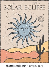 vintage retro style for print on clothes or fabric. solar eclipse in the desert. wild america, sun and cactus