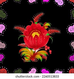 Vintage retro style. For print on fabric, textiles, wallpaper. Seamless pattern with colorful paisley, black, pink and red flowers and decorative elements. Vector illustration. Seamless background.