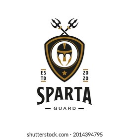 Vintage Retro Style für römisches Sparta-Logo. Mit Spartacus-Rüstungshelm-Krieger, Schild und Kreuzungssymbol. Vorlage für Premium- und Luxus-Logos