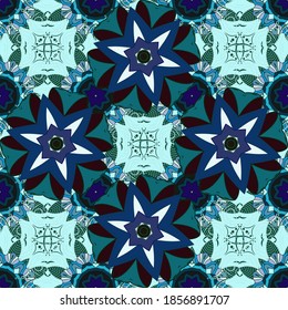 Vintage retro style. Seamless background. Seamless pattern with colorful paisley, neutral, brown and blue flowers and decorative elements. For print on fabric, textiles, wallpaper. Vector illustration