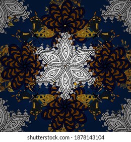 Vintage retro style. Seamless background. Seamless pattern with colorful paisley, white, black and blue flowers and decorative elements. For print on fabric, textiles, wallpaper. Vector illustration.