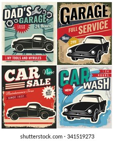 Vintage Retro Style. Set Of Vector Cars Flyer Template. Garage, Tire Service, Sale, Wash, Repair And Auto Service. You ?an Use It For Advertising, Signboard, Signage, Banner Or Label.