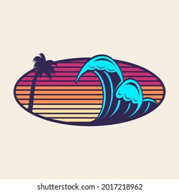 Vintage, Retro Style Summer Beach Waves Graphic T-shirt Logo Branding Illustration