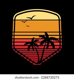 Vintage Retro Style Tropical Sunset With Palm Tree And Birds. T shirt, Clothing Template In 80's Style