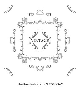 Vintage, retro style. Vector design elements and lettering, black patterns on white background. Collection for invitations. Ornaments and frame