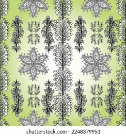 Vintage retro style. Vector sketch. Seamless pattern with colorful paisley, neutral, white and beige flowers and decorative elements. For print on fabric, textiles, wallpaper. Seamless background.